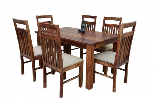 6 seater recto simplex  dining table with jailro strip brown upholstery chair