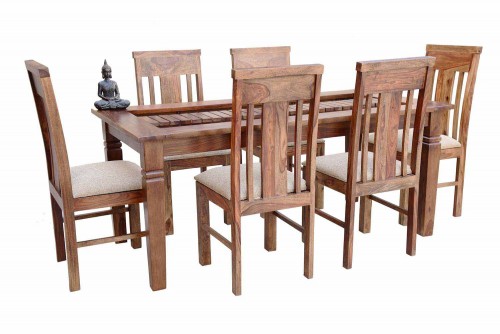 6-Seater swingo teak finish dining table with elpho brown upholstery chair