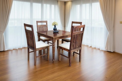 4 Seater Platinum square round leg dining with jailro strip white upholstery chair 