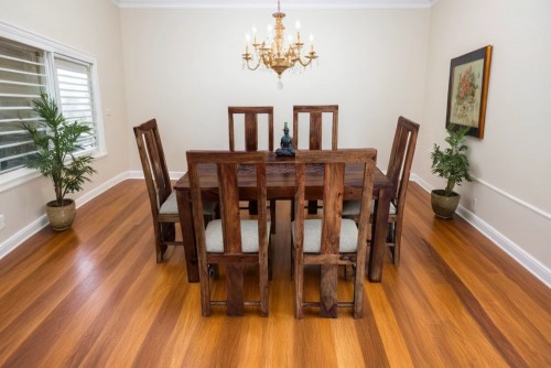 6 Seater Amusable recto carving dining table with Scripto long brown upholstery chair