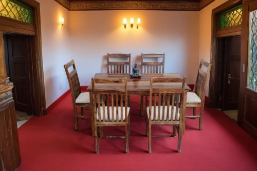6 seater recto simplex  dining table with jailro strip brown upholstery chair