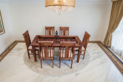 6-Seater swingo teak finish dining table with elpho brown upholstery chair