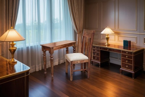 Platinum  round leg  study table with elpho brown upholstery chair