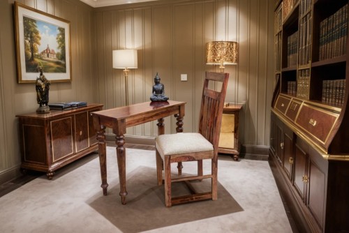 Platinum  round leg  study table with jailro strip brown upholstery chair