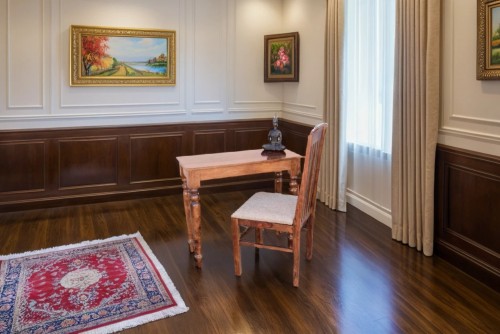 Platinum  round leg teak finish study table with vernal upholstery chair