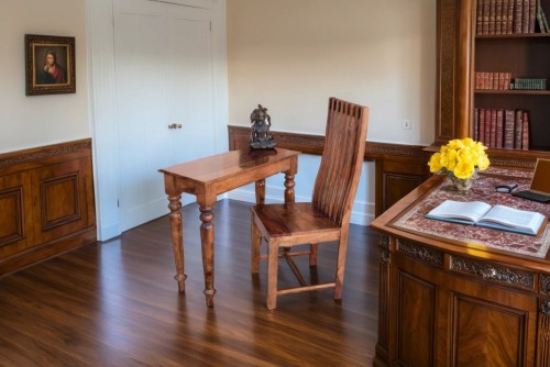 Platinum  round leg teak finish study table with zernal wooden chair