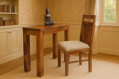 Classic bottom curved leg study table with jailro strip brown upholstery chair