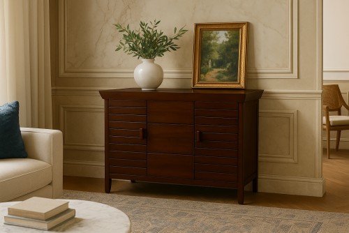 spline three drawers two door walnut finish side board