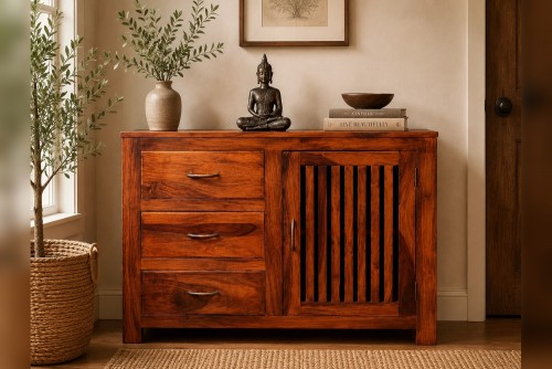 Spline two drawers one door teak finish side board