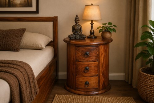 Beamy three drawer teak  finish sheesham round  chest of drawer 