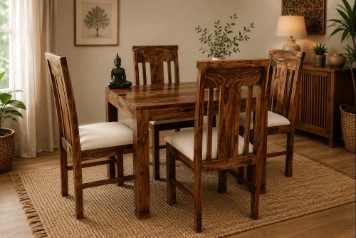 4-Seater classic bottom curved square dining table with elpho white upholstery chair