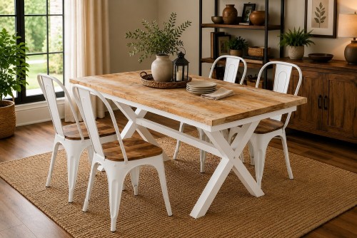 Clapton Farmhouse 6 Seater Dining Table in Natural Rough Finish Top & Dico White Base