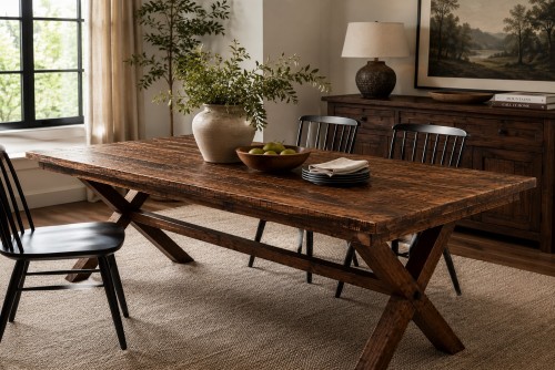 Clapton 6 Seater Farmhouse Dining Table | Natural Rough Finish Solid Wood Top & X-Leg Base