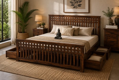 Jilora teak finish storage bed