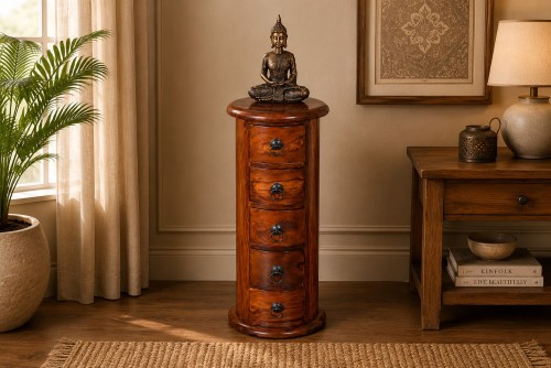 Beamy five drawer teak finish Sheesham round  chest of drawer 