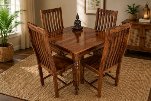 4 Seater Platinum square round finish dining table with zernal wooden chair