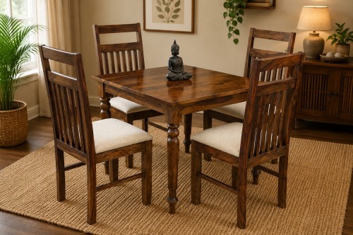 4 Seater Platinum square round leg dining with jailro strip white upholstery chair 