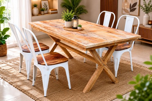 Clapton 4 seater Mango solid wood Dining table set Iron cello chair 