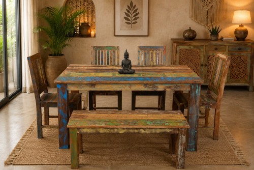 Nolan reclaimed 4 seater wooden dining table with nolan medium bench