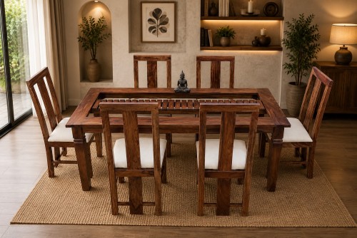 6  Seater swingo teak finish dining table with Scripto long white upholstery chair