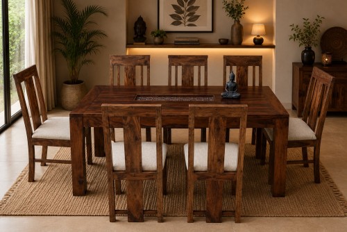 6 Seater Amusable recto carving dining table with elpho  brown upholstery chair