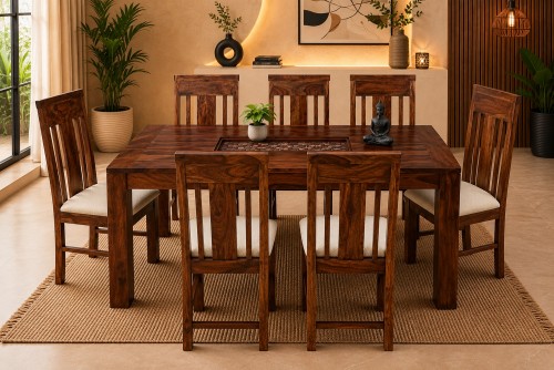 6 Seater Amusable recto carving dining table with elpho white upholstery chair