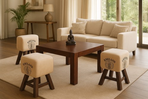 Set of Wiry coffee table with godfredo cotton stools