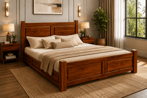 Classic Solid Sheesham Wooden Bed – Premium Teak Finish