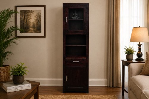 Sheesham Wood Two Door Almirah with Glass Cabinet, Open Shelves and Drawer , Walnut Finish