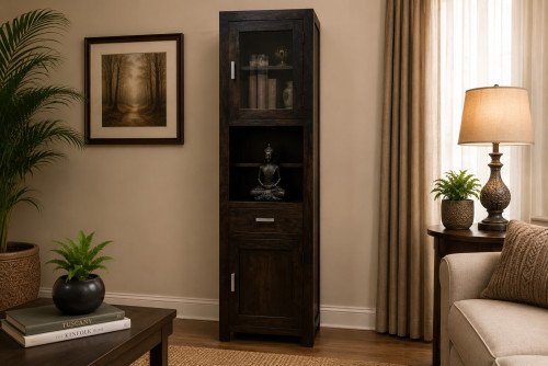 Sheesham Wood Two Door Display Almirah with Glass Door, Open Shelves and Drawer , Walnut Finish