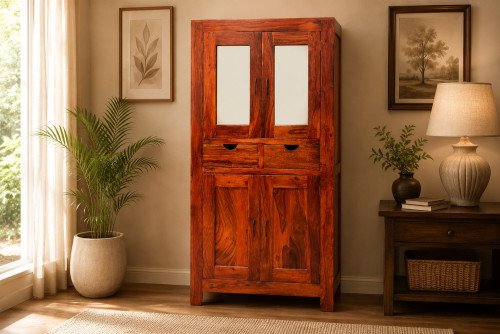 Celestial Sheesham Wood Two Door Almirah with 2 Drawers and Open Shelves, Teak Finish