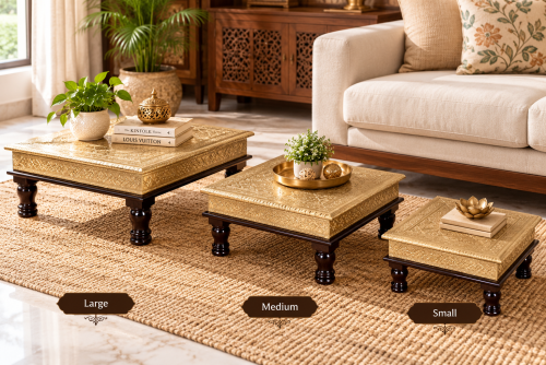 Wooden and Brass Bajot Table Set of 3 | Traditional Indian Chowki with Ornate Brass-Finish Top and Wooden Legs