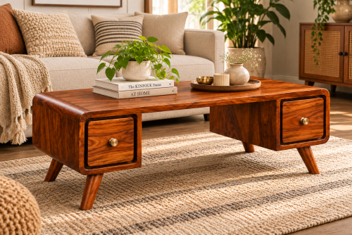  Mid Century Modern Wooden Coffee Table with 2 Drawers and Tapered Legs
