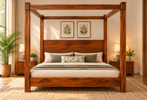 Solid Wood Canopy Bed with Slatted Headboard | Teak Finish Four Poster Bed