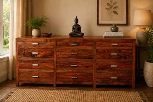 Bulki teak finish twelve drawer set